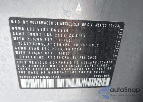 2021 Volkswagen Tiguan 2.0T S from USA, damaged, VIN 3VV1B7AX1MM053524